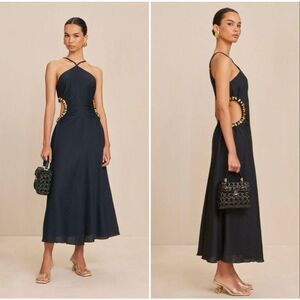 NWT Cult Gaia Silvia Cut-Out Gold Hardware Silk Linen Blend Black Dress Women's